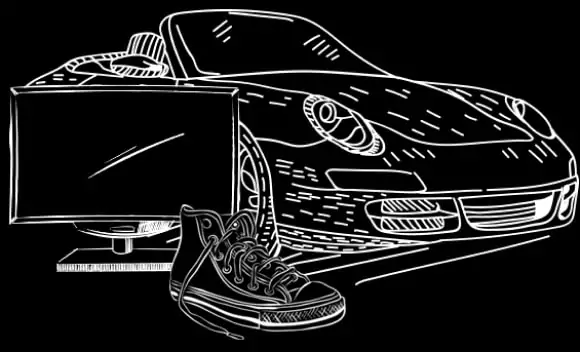 Diagram of examples of tangible goods (cars, computers, sneakers, etc.)